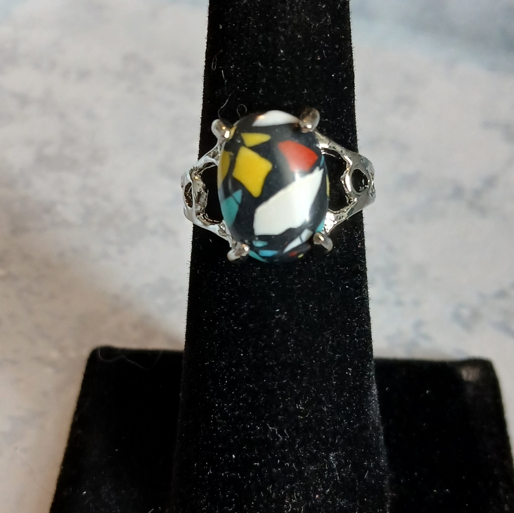 Abstract Multicolor Silver Ring